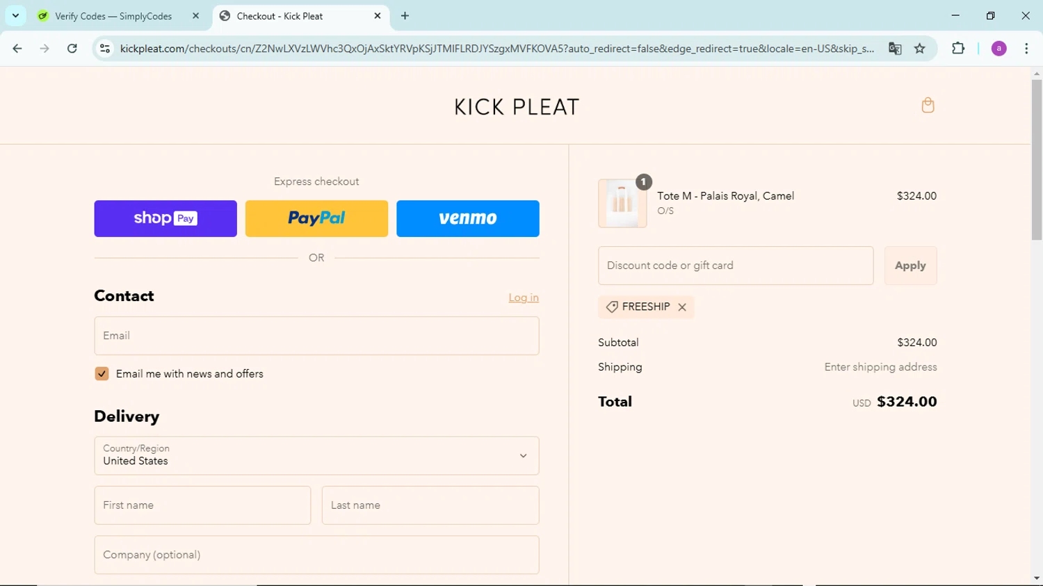 Kick Pleat checkout page showing Kick Pleat promo code box | Screenshot taken by SimplyCodes community member on Feb 12, 2025