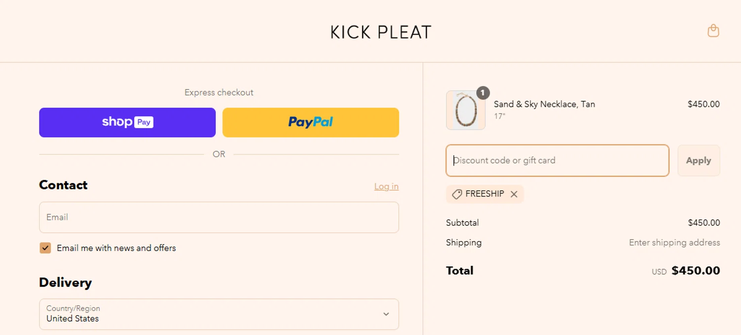 Kick Pleat promo code screenshot showing code FREESHIP applied at Kick Pleat checkout page. Uploaded by SimplyCodes community member r0bertic0x222 on Apr 11, 2025