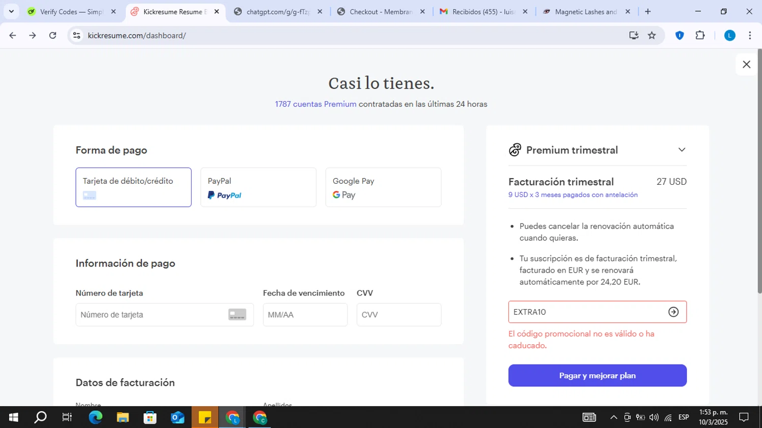 Kickresume promo code screenshot showing code EXTRA10 applied at Kickresume checkout page. Uploaded by SimplyCodes community member EpicMaestro5922 on Mar 10, 2025