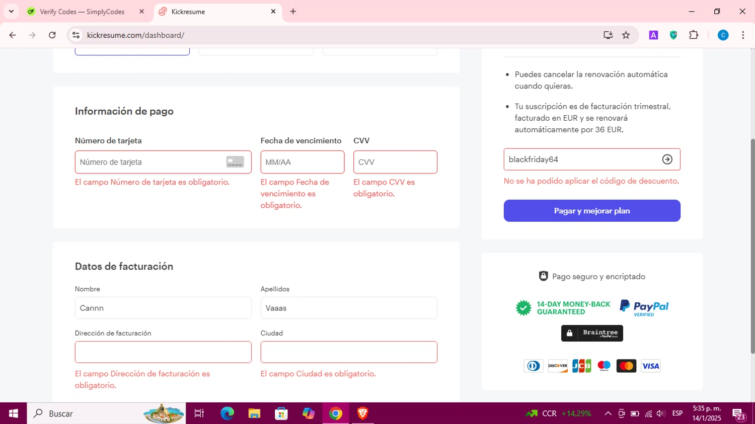 Kickresume promo code screenshot showing code blackfriday64 applied at Kickresume checkout page. Uploaded by SimplyCodes community member Chochomilk on Jan 14, 2025