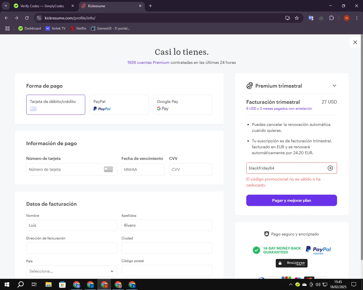 Kickresume promo code screenshot showing code blackfriday64 applied at Kickresume checkout page. Uploaded by SimplyCodes community member BudgetShopper182 on Feb 18, 2025