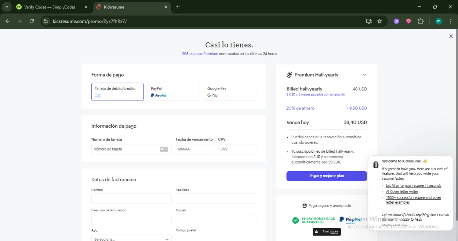 Kickresume promo code screenshot showing code D20VuXm5 applied at Kickresume checkout page. Uploaded by SimplyCodes community member CrownSpotter4262 on Oct 16, 2025