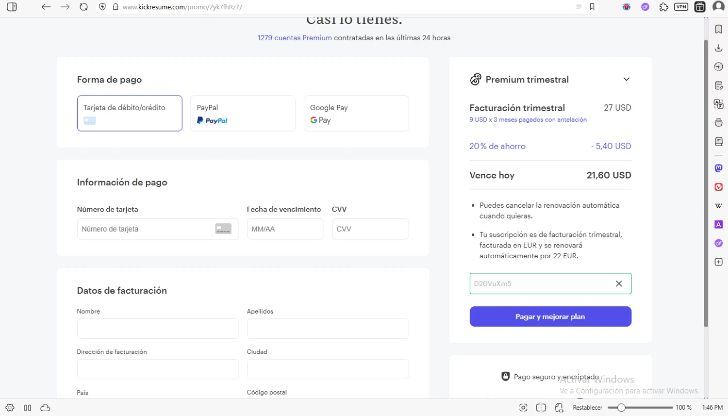 Kickresume checkout page showing Kickresume promo code box | Screenshot taken by SimplyCodes community member on Jan 29, 2026