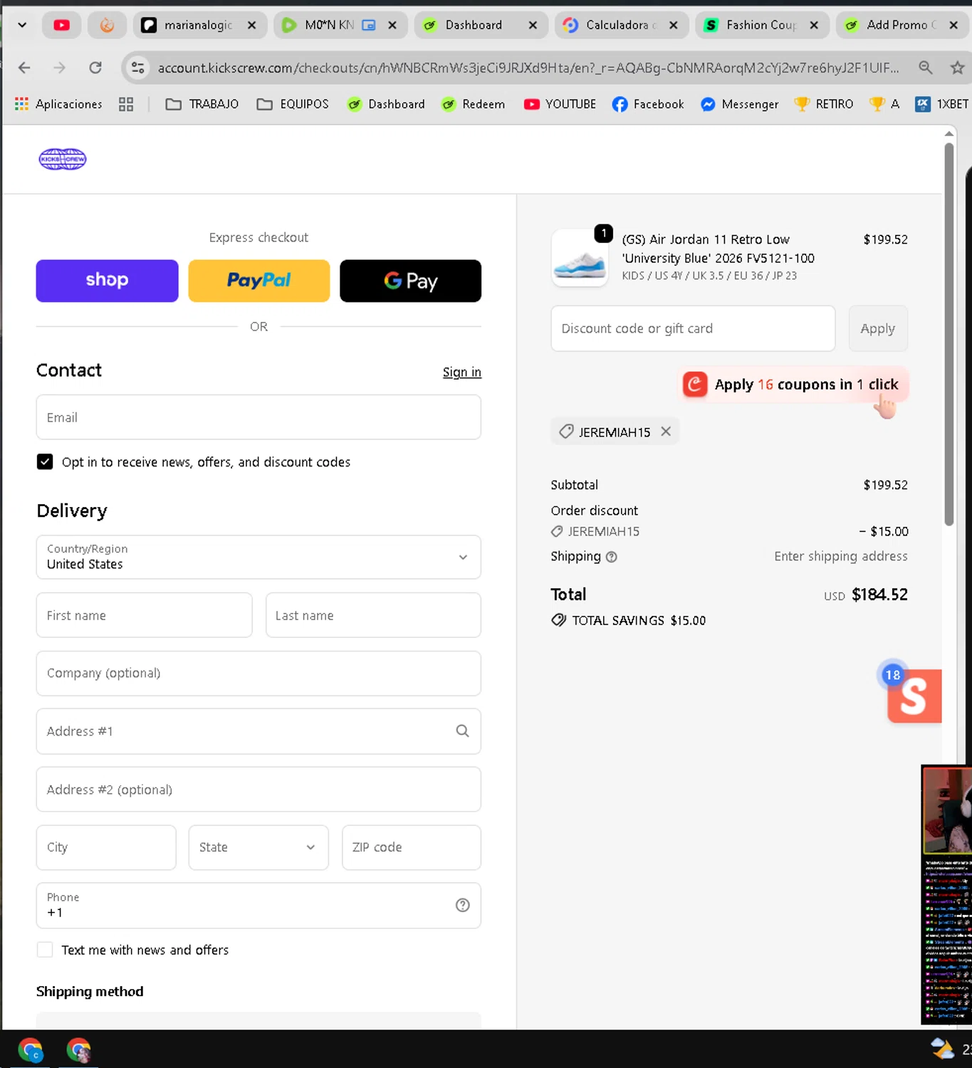 KicksCrew promo code screenshot showing code JEREMIAH15 applied at KicksCrew checkout page. Uploaded by SimplyCodes community member kelvinsuarez88 on Apr 19, 2026