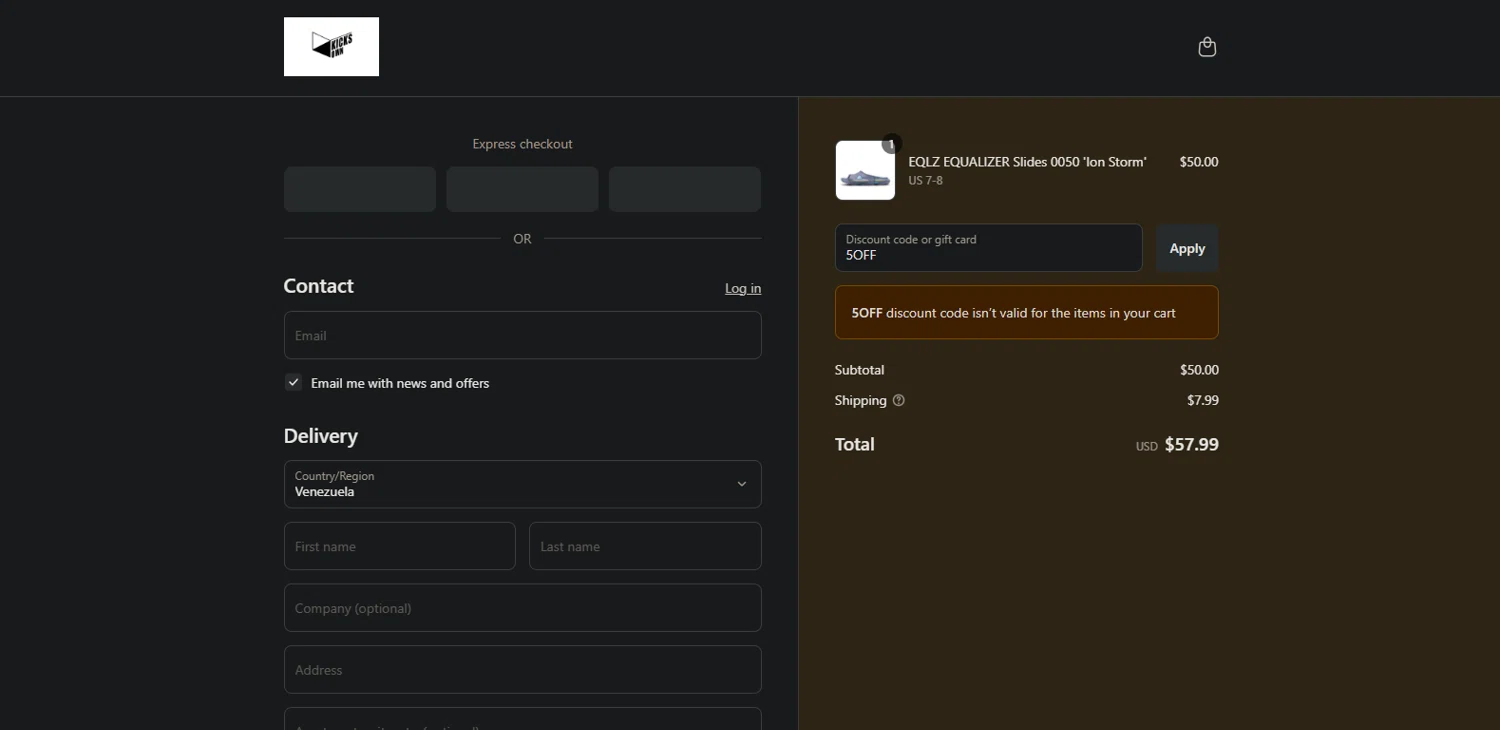 KICKSOWN discount code screenshot showing code 5OFF applied at KICKSOWN checkout page. Uploaded by SimplyCodes community member Nor_man on Aug 15, 2025