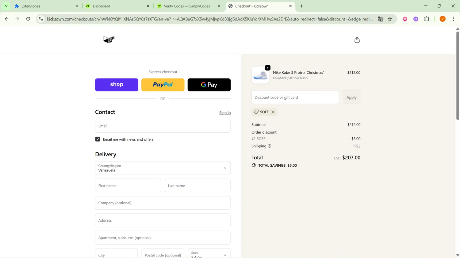 KICKSOWN discount code screenshot showing code 5OFF applied at KICKSOWN checkout page. Uploaded by SimplyCodes community member SavingsFinder9954 on Dec 21, 2025