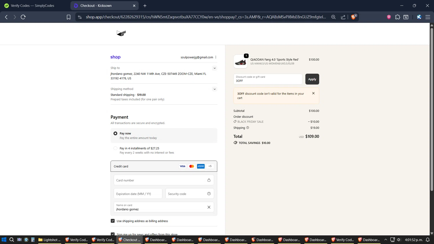 KICKSOWN discount code screenshot showing code 3OFF applied at KICKSOWN checkout page. Uploaded by SimplyCodes community member Jgomez on Nov 27, 2025
