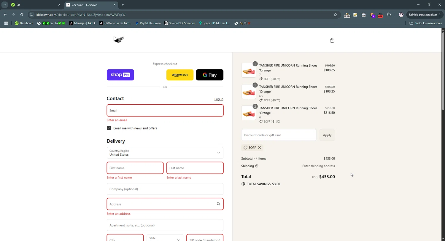 KICKSOWN discount code screenshot showing code 3OFF applied at KICKSOWN checkout page. Uploaded by SimplyCodes community member gribethr on Aug 3, 2025