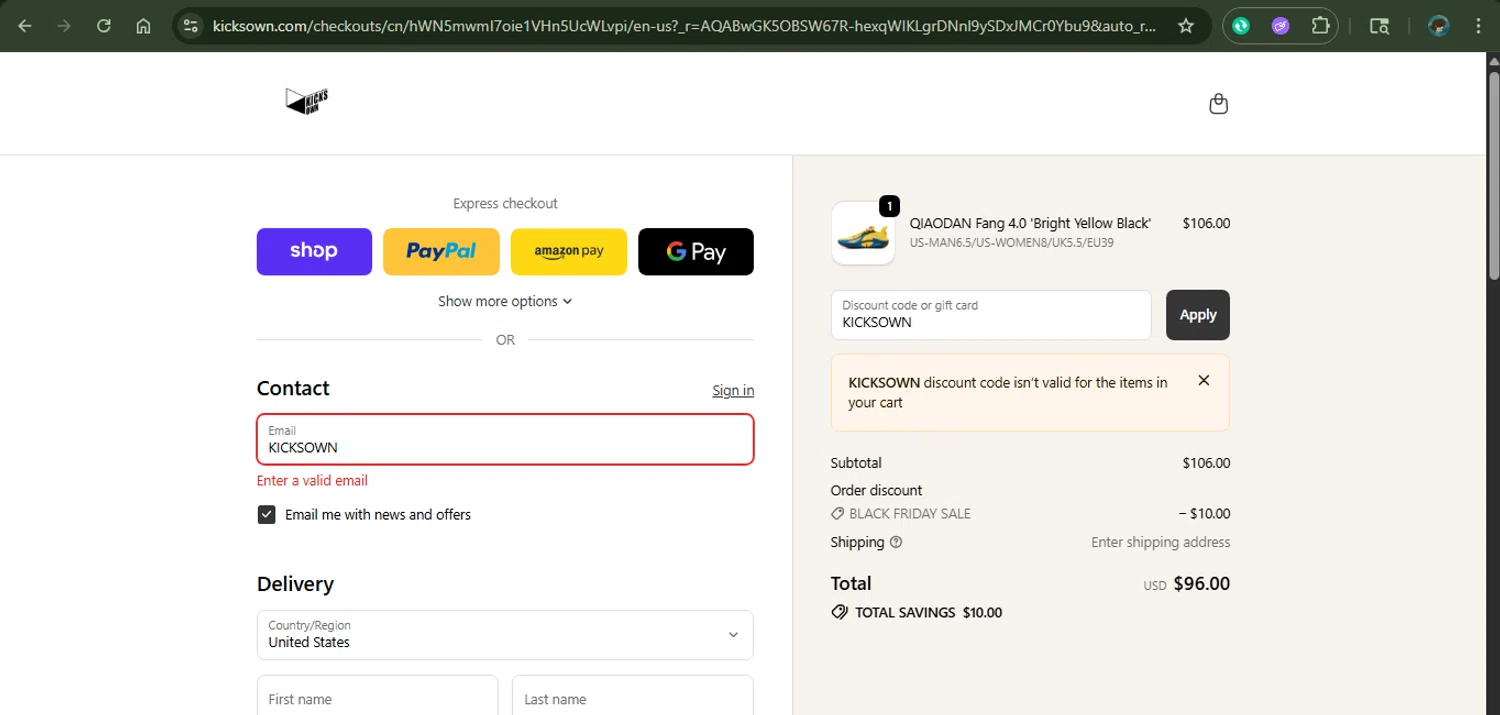 KICKSOWN discount code screenshot showing code KICKSOWN applied at KICKSOWN checkout page. Uploaded by SimplyCodes community member xAngel on Nov 27, 2025