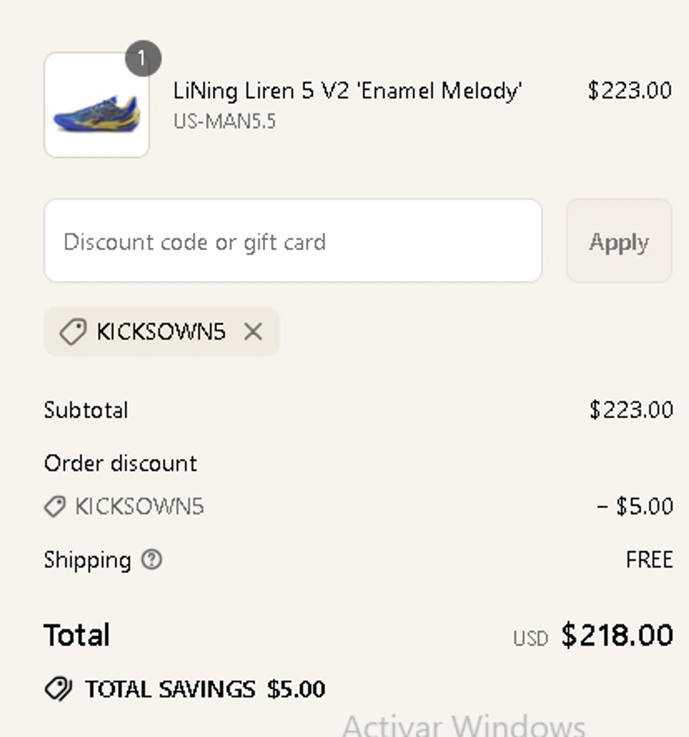 KICKSOWN discount code screenshot showing code KICKSOWN5 applied at KICKSOWN checkout page. Uploaded by SimplyCodes community member MightyPhoenix5865 on Sep 2, 2025