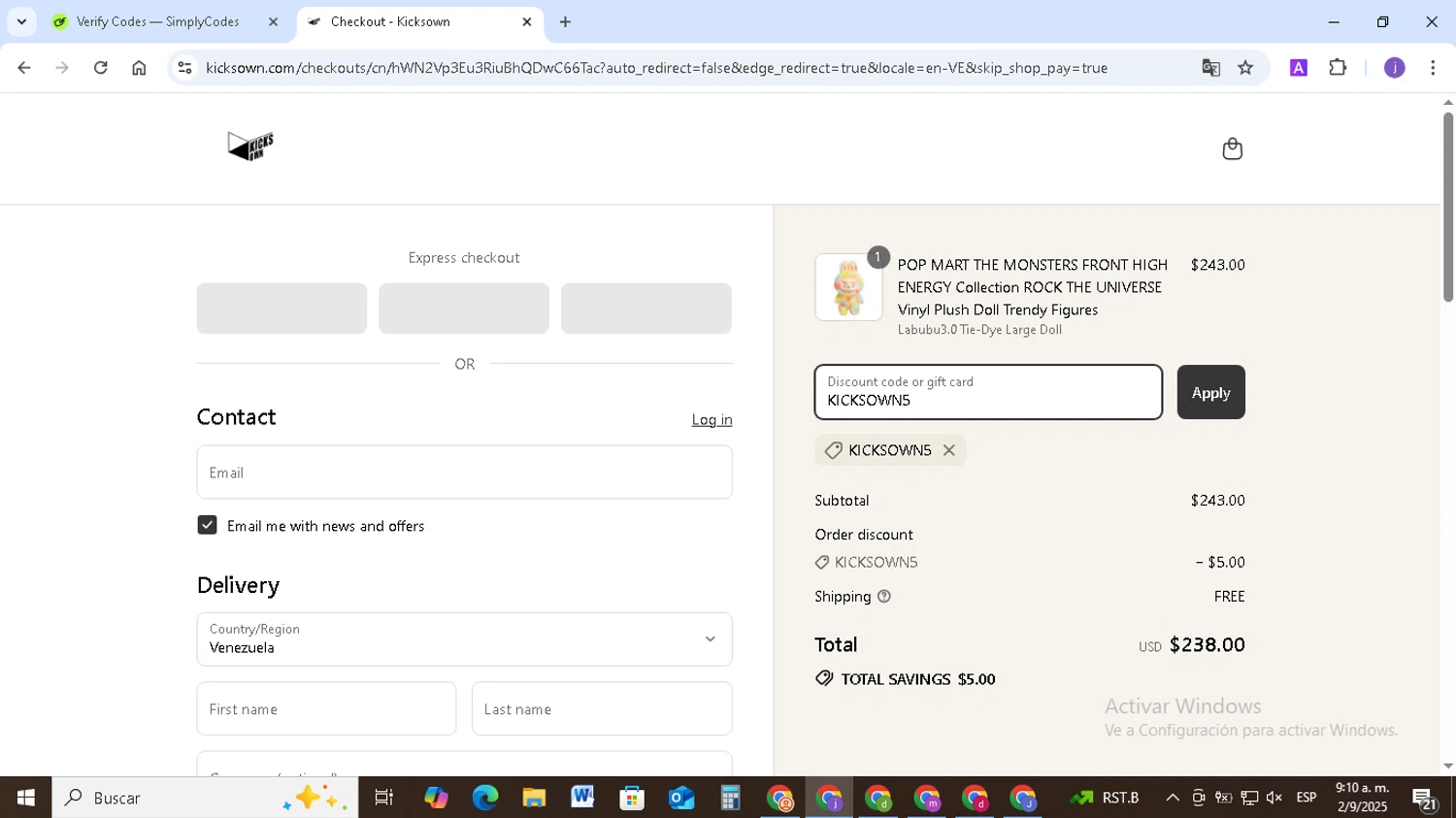 KICKSOWN discount code screenshot showing code KICKSOWN5 applied at KICKSOWN checkout page. Uploaded by SimplyCodes community member TAZ2024 on Sep 2, 2025