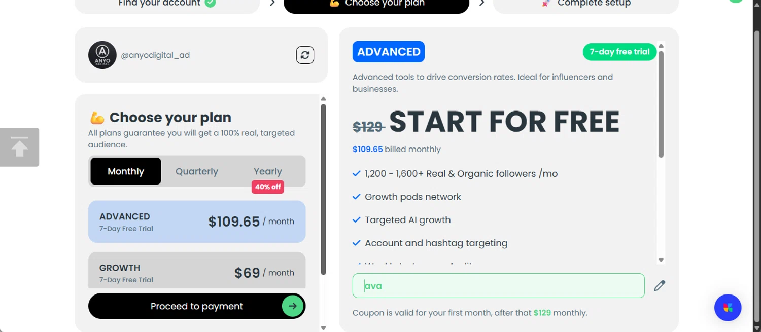 Kicksta coupon code screenshot showing code AVA applied at Kicksta checkout page. Uploaded by SimplyCodes community member 111111 on Nov 23, 2025