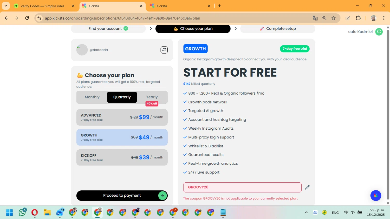 Kicksta coupon code screenshot showing code GROOVY20 applied at Kicksta checkout page. Uploaded by SimplyCodes community member ManuelF on Dec 15, 2025