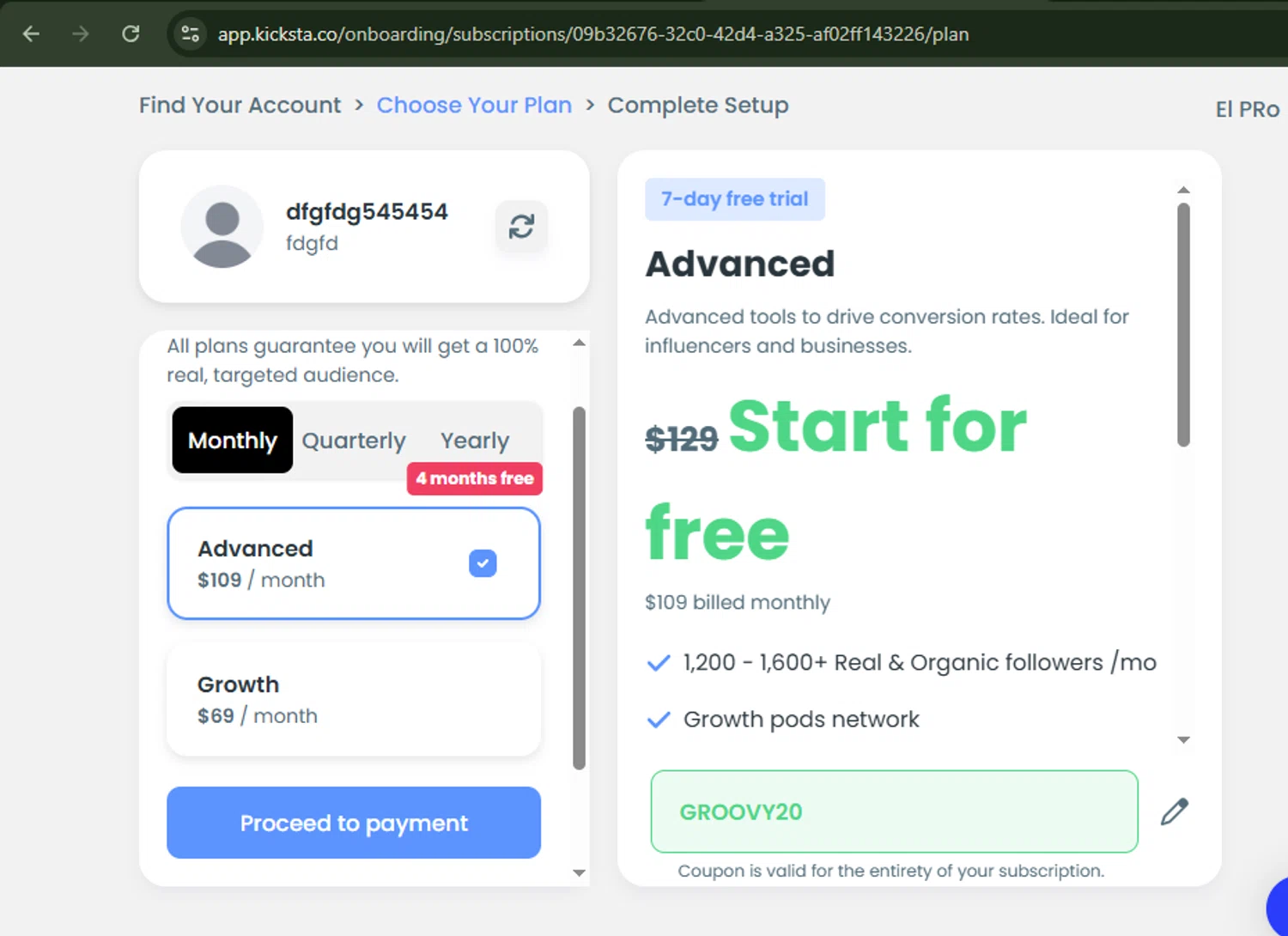 Kicksta coupon code screenshot showing code GROOVY20 applied at Kicksta checkout page. Uploaded by SimplyCodes community member ShrewdBoss4152 on Oct 22, 2025