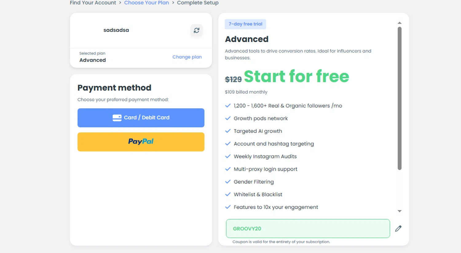 Kicksta coupon code screenshot showing code GROOVY20 applied at Kicksta checkout page. Uploaded by SimplyCodes community member Toundji on Aug 21, 2025
