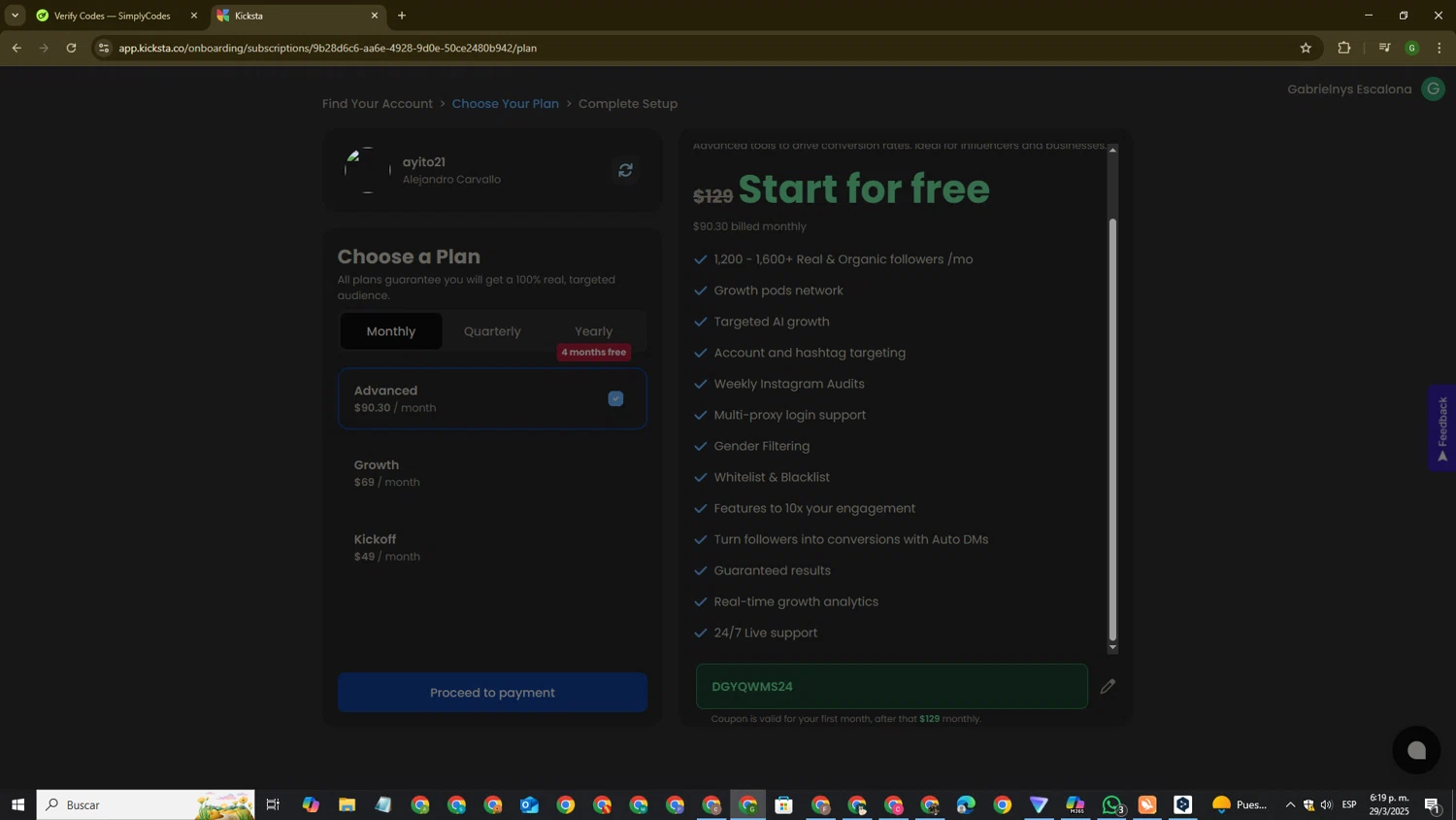 Kicksta coupon code screenshot showing code DGYQWMS24 applied at Kicksta checkout page. Uploaded by SimplyCodes community member ValiantVirtuoso7750 on Mar 29, 2025