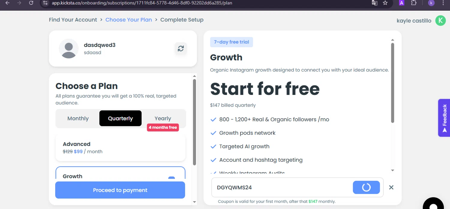 Kicksta coupon code screenshot showing code DGYQWMS24 applied at Kicksta checkout page. Uploaded by SimplyCodes community member SwiftLynx6587 on Mar 29, 2025