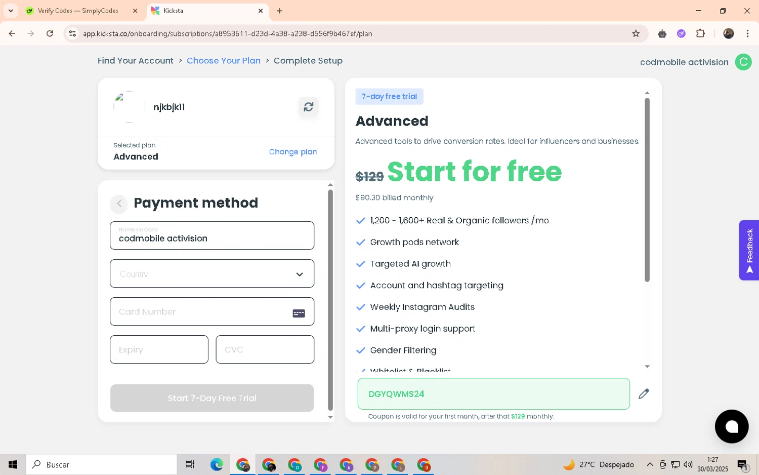 Kicksta coupon code screenshot showing code DGYQWMS24 applied at Kicksta checkout page. Uploaded by SimplyCodes community member LegendaryWarden2503 on Mar 30, 2025