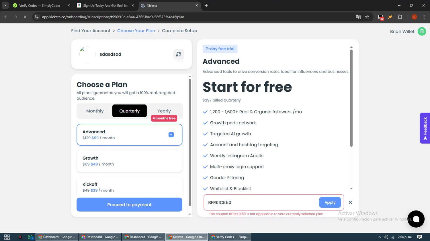 Kicksta coupon code screenshot showing code BFRKICK50 applied at Kicksta checkout page. Uploaded by SimplyCodes community member BrilliantLynx7174 on Sep 2, 2025