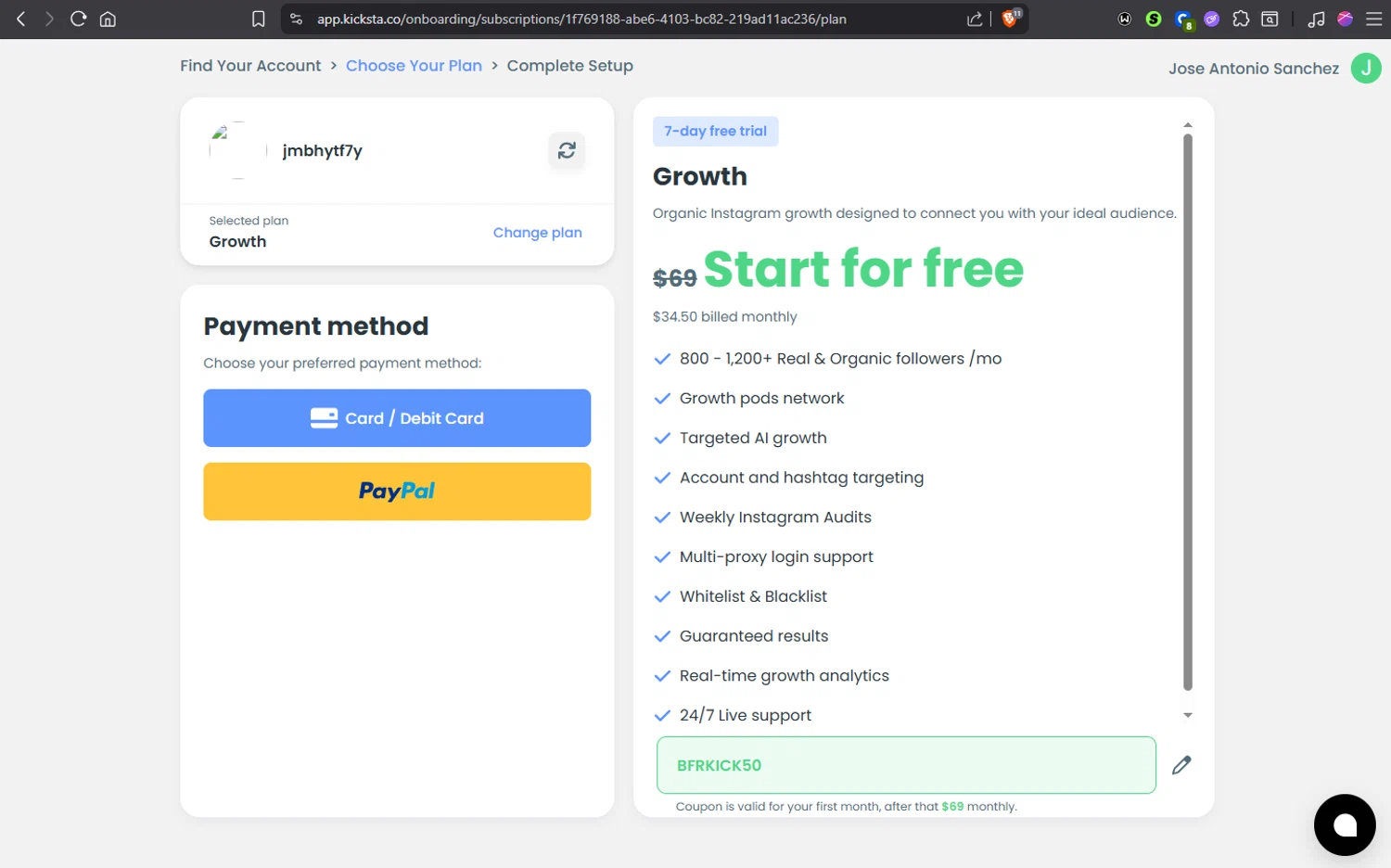 Kicksta coupon code screenshot showing code BFRKICK50 applied at Kicksta checkout page. Uploaded by SimplyCodes community member Jmhernand1 on Oct 1, 2025