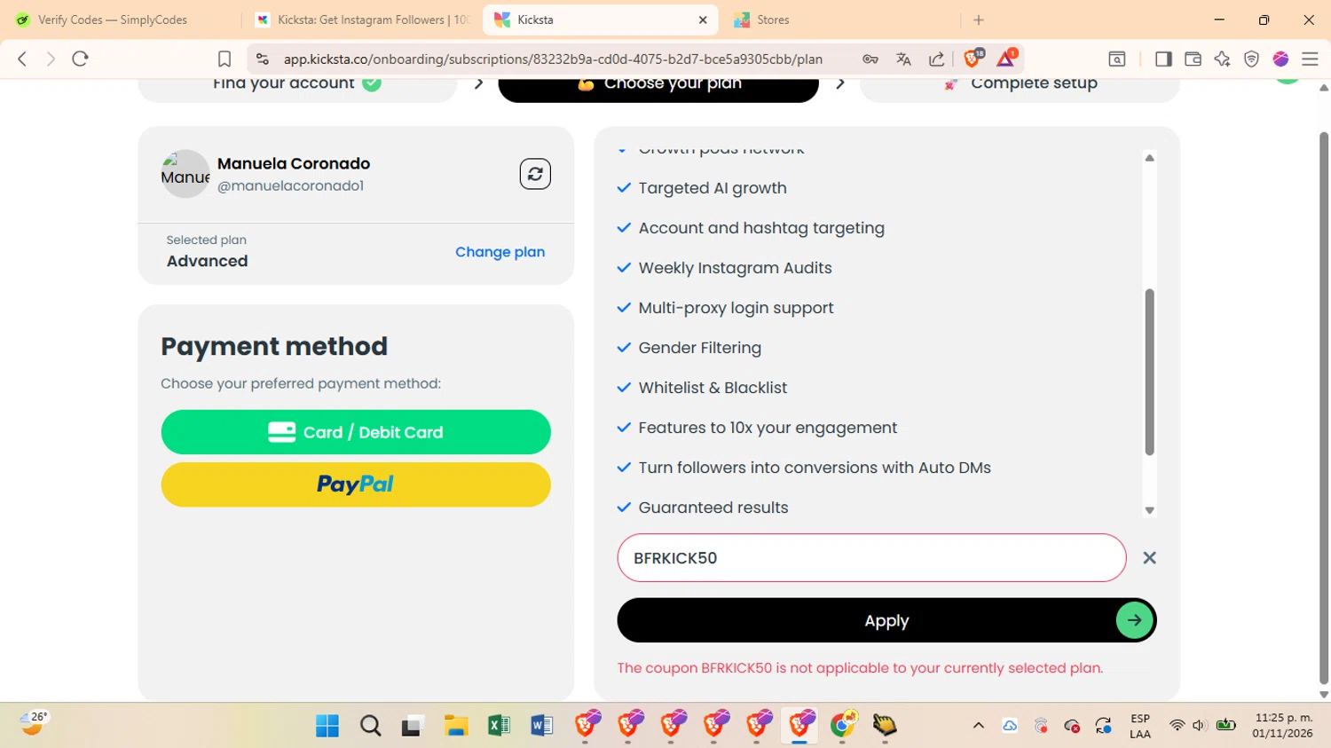 Kicksta checkout page showing Kicksta coupon code box | Screenshot taken by SimplyCodes community member on Jan 12, 2026