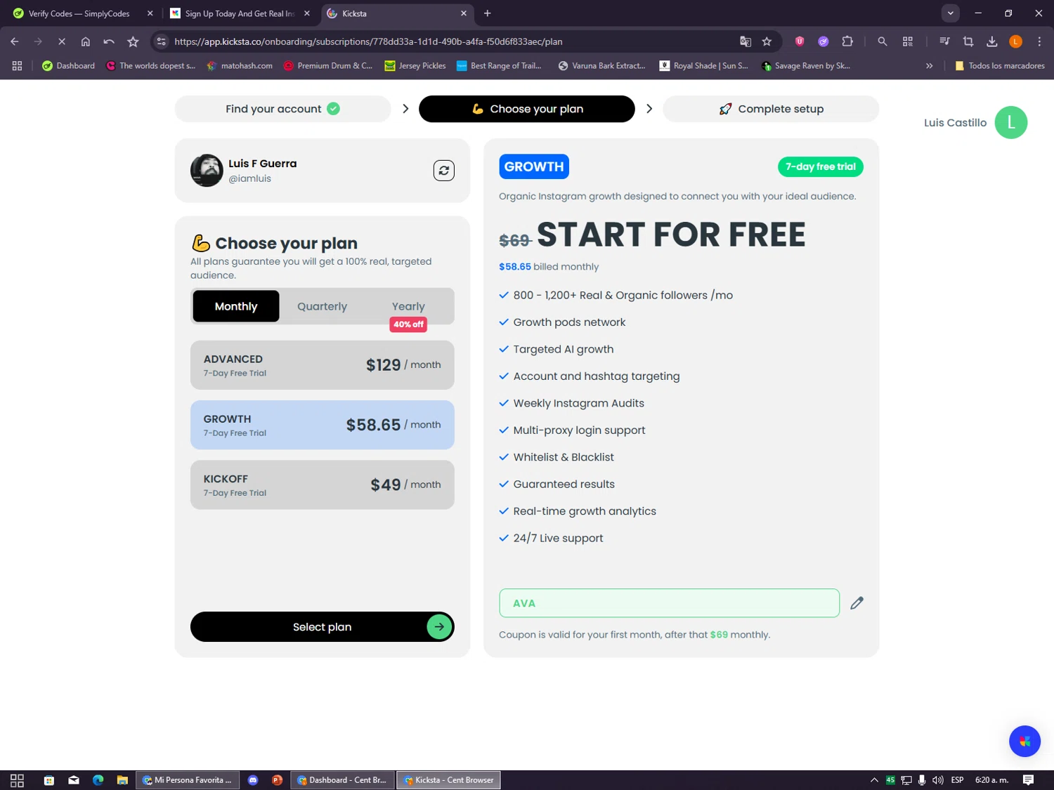 Kicksta coupon code screenshot showing code AVA applied at Kicksta checkout page. Uploaded by SimplyCodes community member VayneChambeadora on Dec 22, 2025