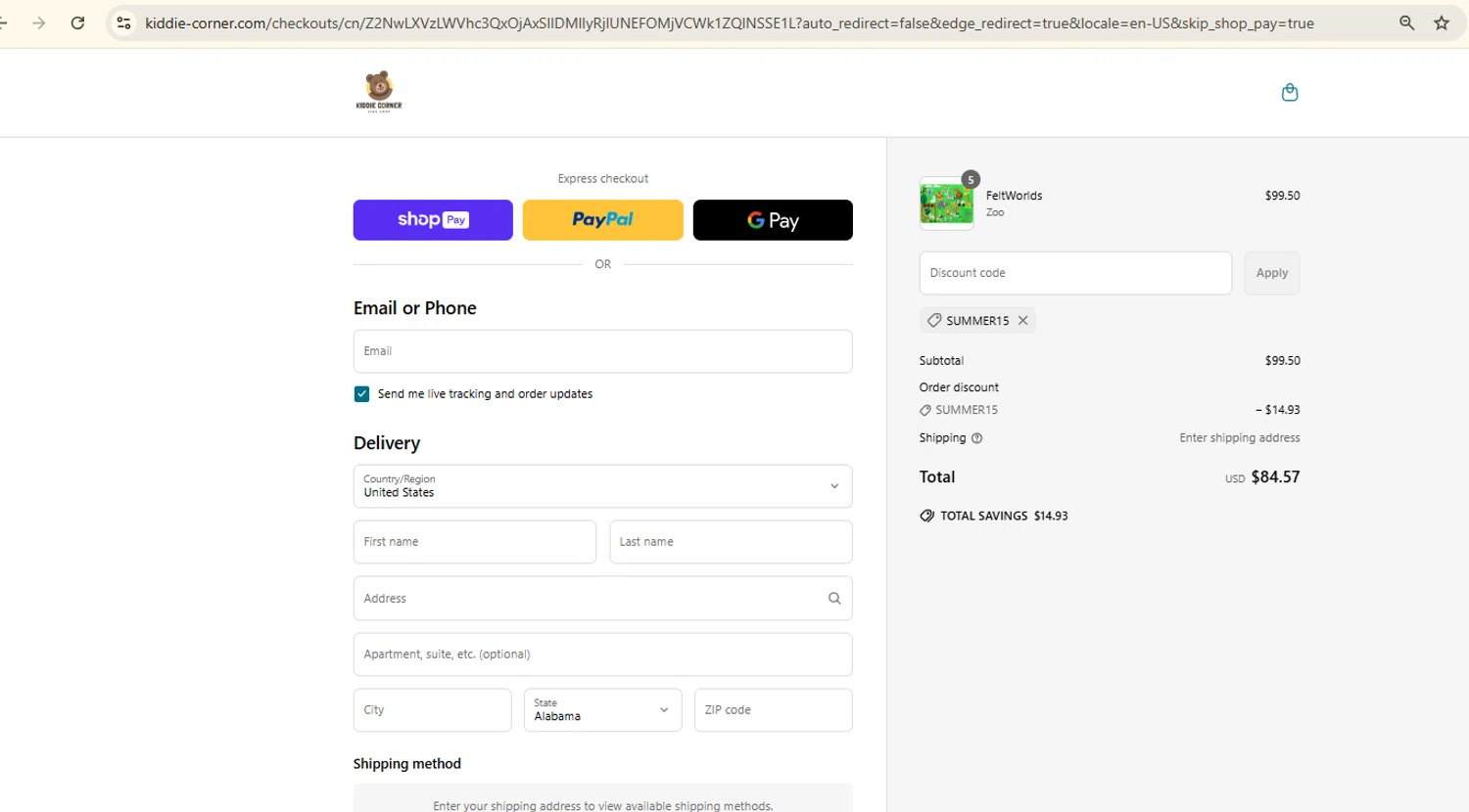 Kiddie Corner discount code screenshot showing code SUMMER15 applied at Kiddie Corner checkout page. Uploaded by SimplyCodes community member Samugl21 on Jun 22, 2025