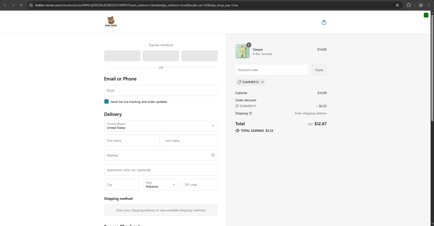 Kiddie Corner discount code screenshot showing code SUMMER15 applied at Kiddie Corner checkout page. Uploaded by SimplyCodes community member kaiser2 on Aug 15, 2025