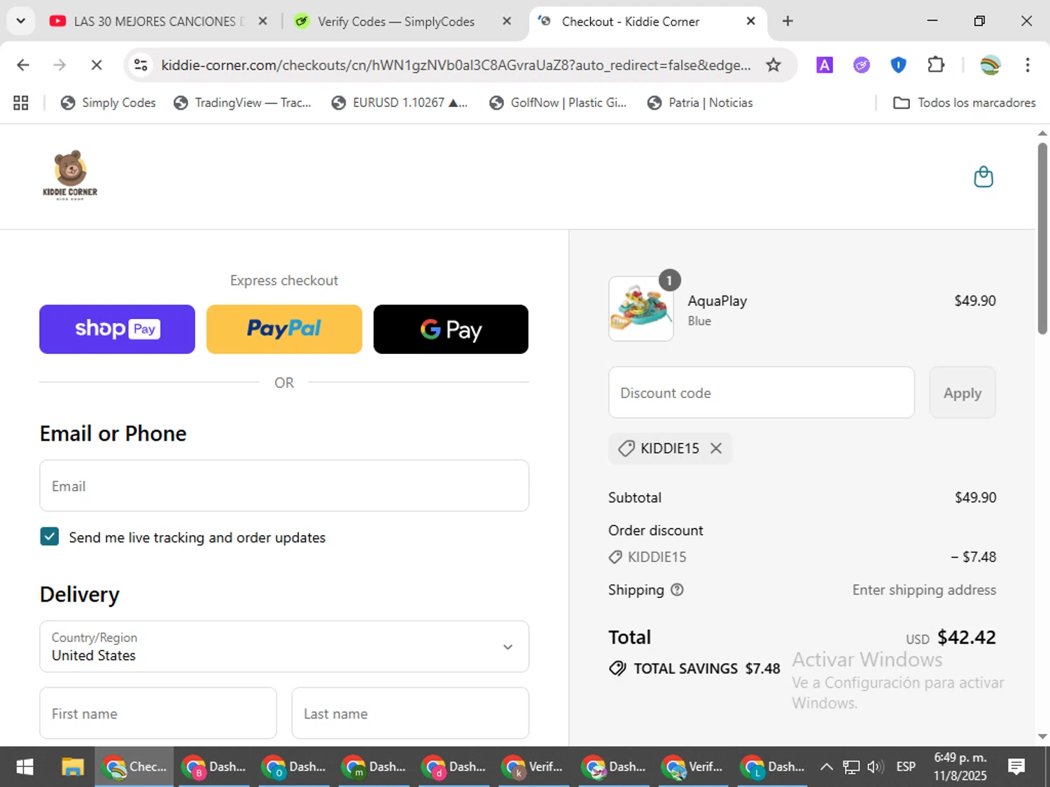 Kiddie Corner discount code screenshot showing code KIDDIE15 applied at Kiddie Corner checkout page. Uploaded by SimplyCodes community member CoinMaven5220 on Aug 11, 2025