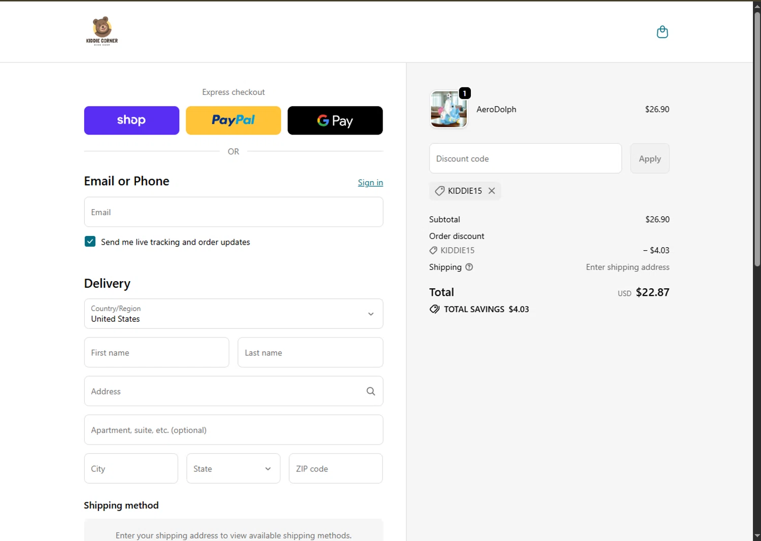 Kiddie Corner discount code screenshot showing code KIDDIE15 applied at Kiddie Corner checkout page. Uploaded by SimplyCodes community member SwiftTracker8156 on Dec 3, 2025