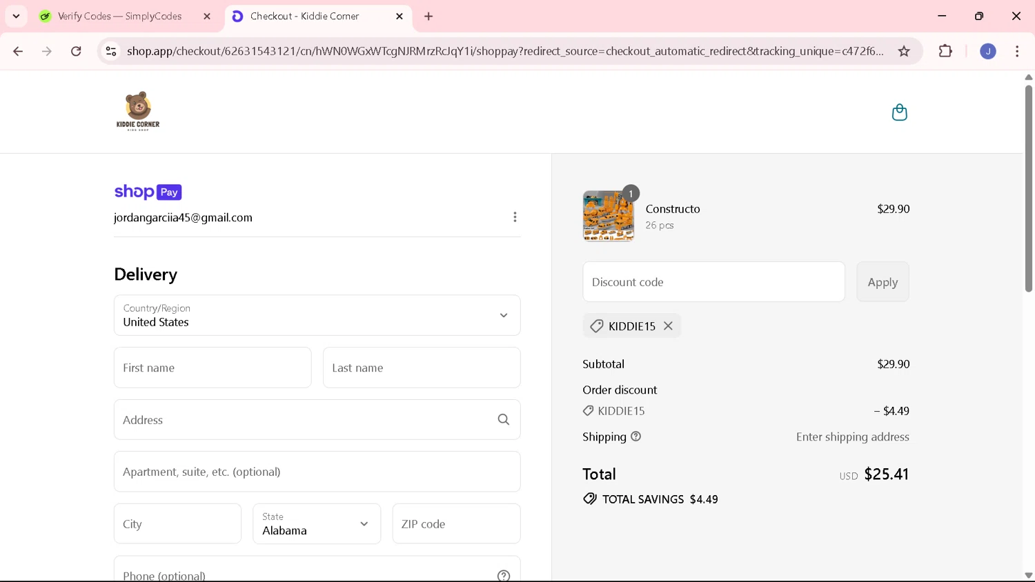 Kiddie Corner discount code screenshot showing code KIDDIE15 applied at Kiddie Corner checkout page. Uploaded by SimplyCodes community member junojuno on Jul 12, 2025
