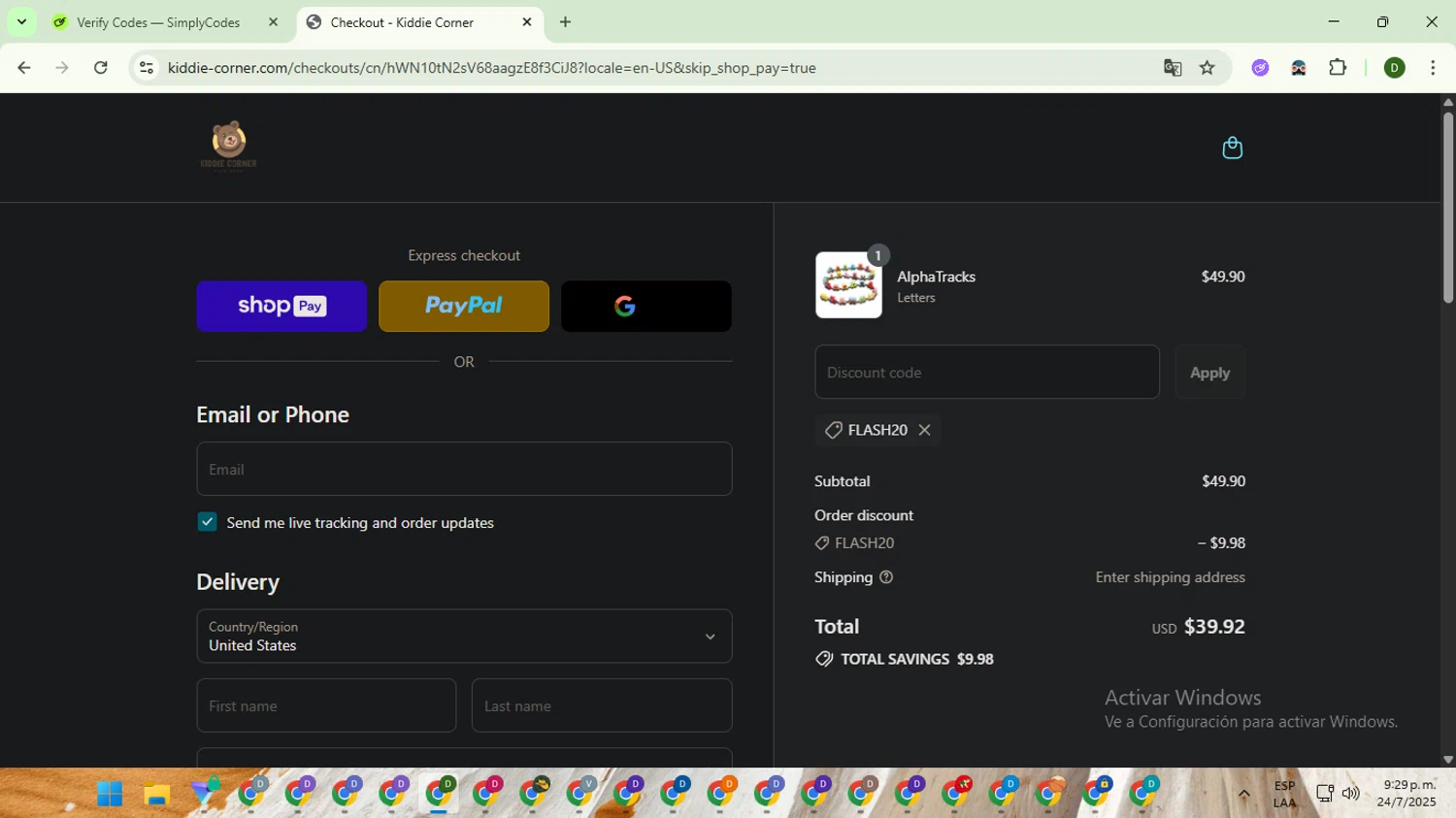 Kiddie Corner discount code screenshot showing code FLASH20 applied at Kiddie Corner checkout page. Uploaded by SimplyCodes community member BargainGuardian5495 on Jul 25, 2025