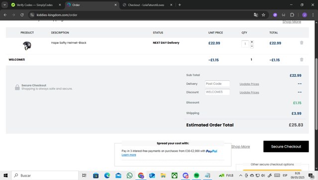 Kiddies Kingdom checkout page showing Kiddies Kingdom discount code box | Screenshot taken by SimplyCodes community member on May 9, 2025
