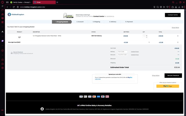 Kiddies Kingdom checkout page showing Kiddies Kingdom discount code box | Screenshot taken by SimplyCodes community member on May 9, 2025