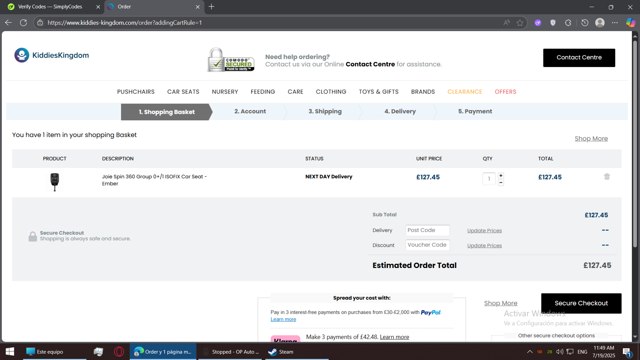 Kiddies Kingdom checkout page showing Kiddies Kingdom discount code box | Screenshot taken by SimplyCodes community member on Jul 19, 2025
