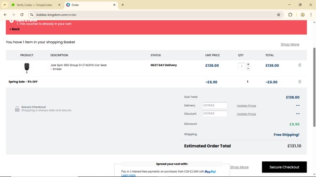 Kiddies Kingdom checkout page showing Kiddies Kingdom discount code box | Screenshot taken by SimplyCodes community member on Jun 7, 2025