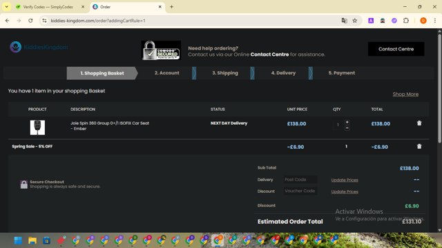 Kiddies Kingdom checkout page showing Kiddies Kingdom discount code box | Screenshot taken by SimplyCodes community member on May 9, 2025