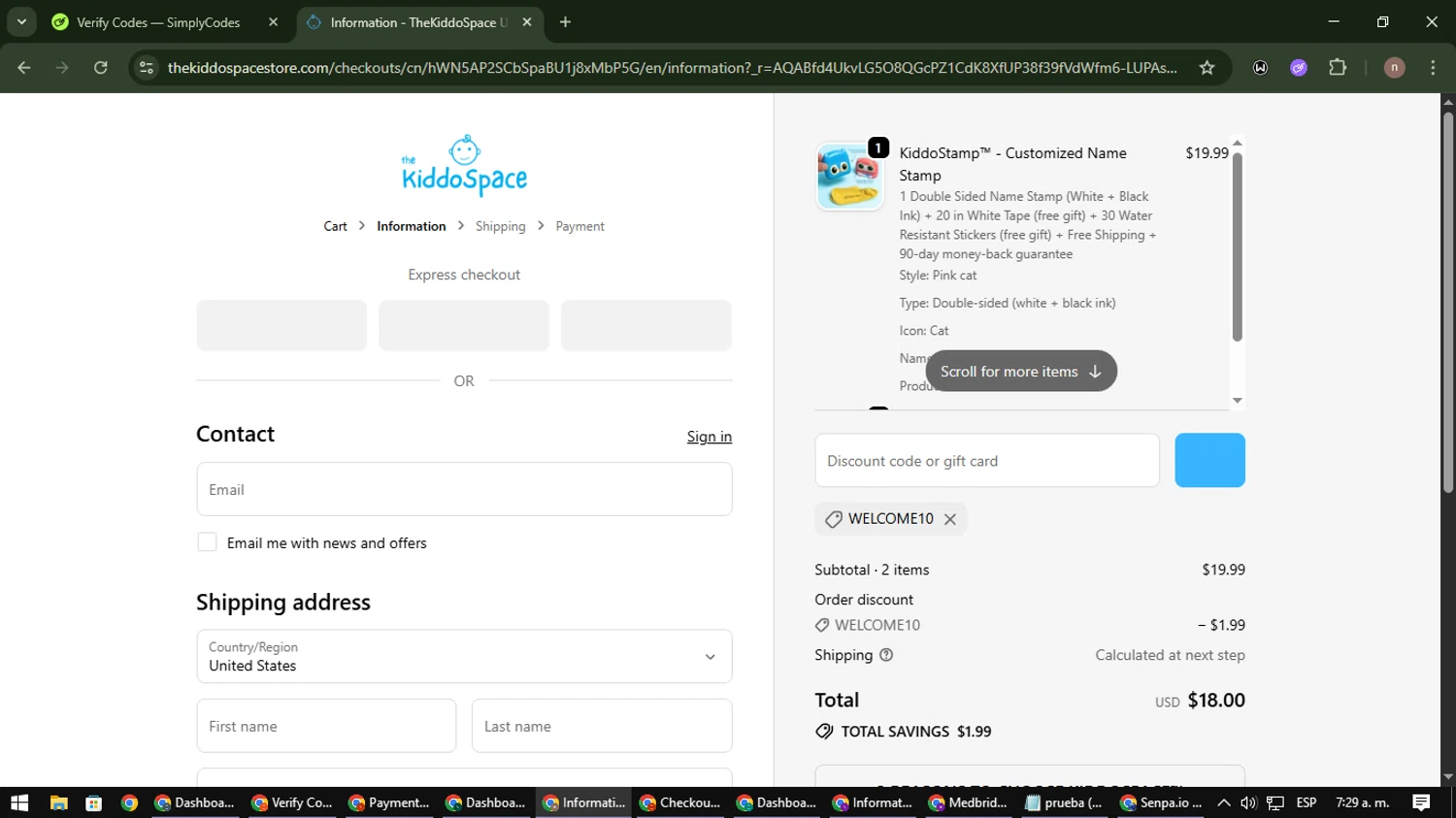 TheKiddoSpace coupon code screenshot showing code WELCOME10 applied at TheKiddoSpace checkout page. Uploaded by SimplyCodes community member SmartWarden8713 on Nov 11, 2025