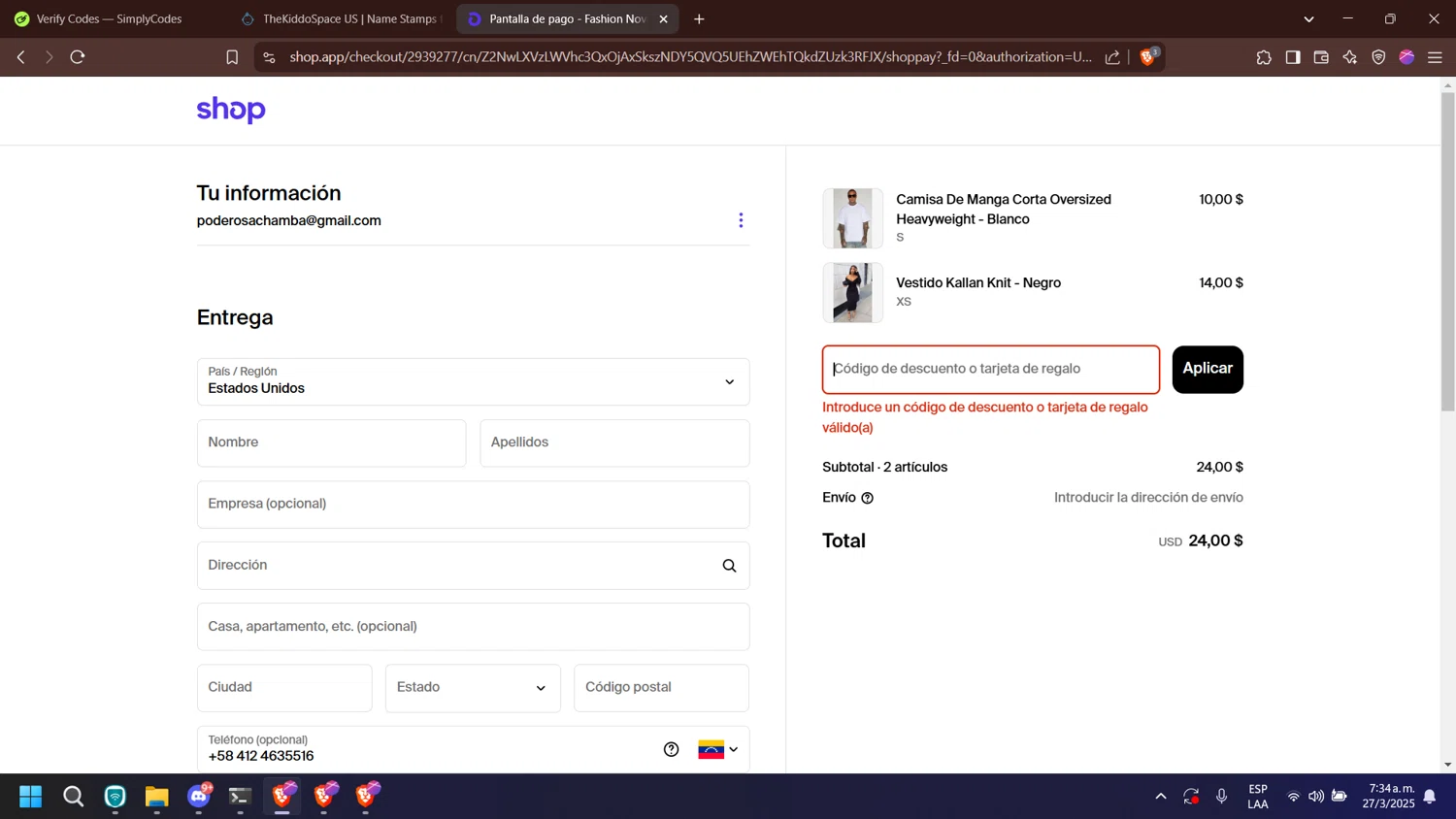TheKiddoSpace coupon code screenshot showing code SAVE10 applied at TheKiddoSpace checkout page. Uploaded by SimplyCodes community member esperanza on Mar 27, 2025