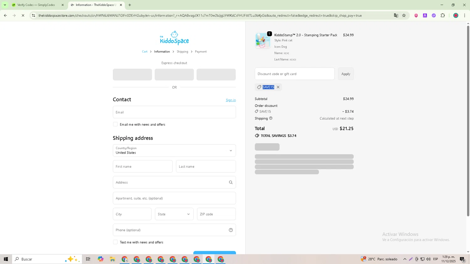 TheKiddoSpace coupon code screenshot showing code SAVE15 applied at TheKiddoSpace checkout page. Uploaded by SimplyCodes community member David_Garcia on Dec 11, 2025