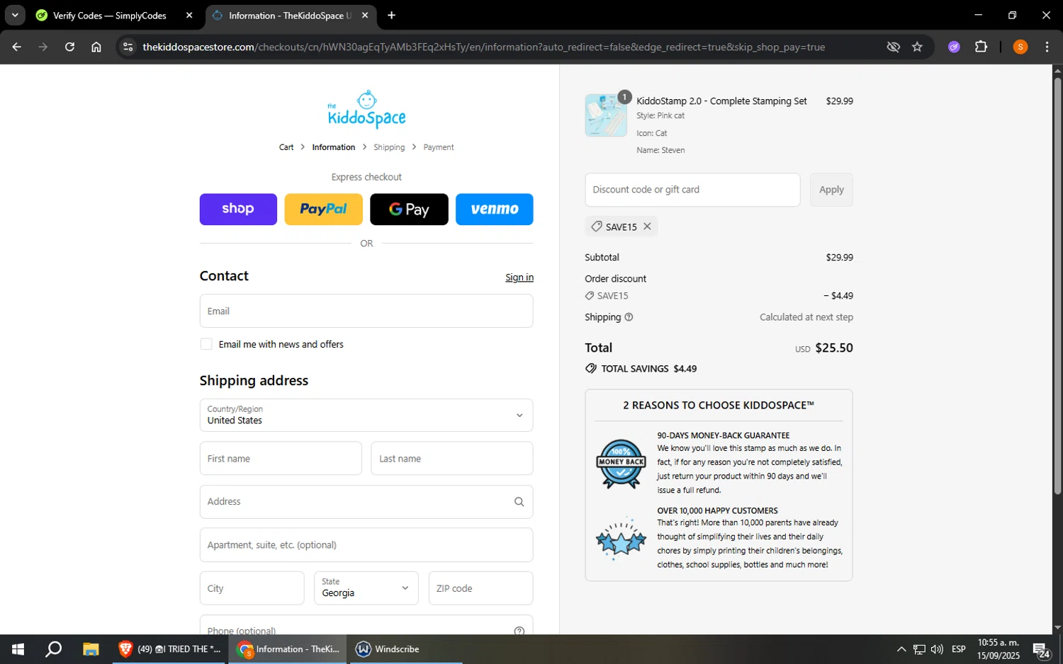TheKiddoSpace coupon code screenshot showing code SAVE15 applied at TheKiddoSpace checkout page. Uploaded by SimplyCodes community member StevenZarraga on Sep 15, 2025