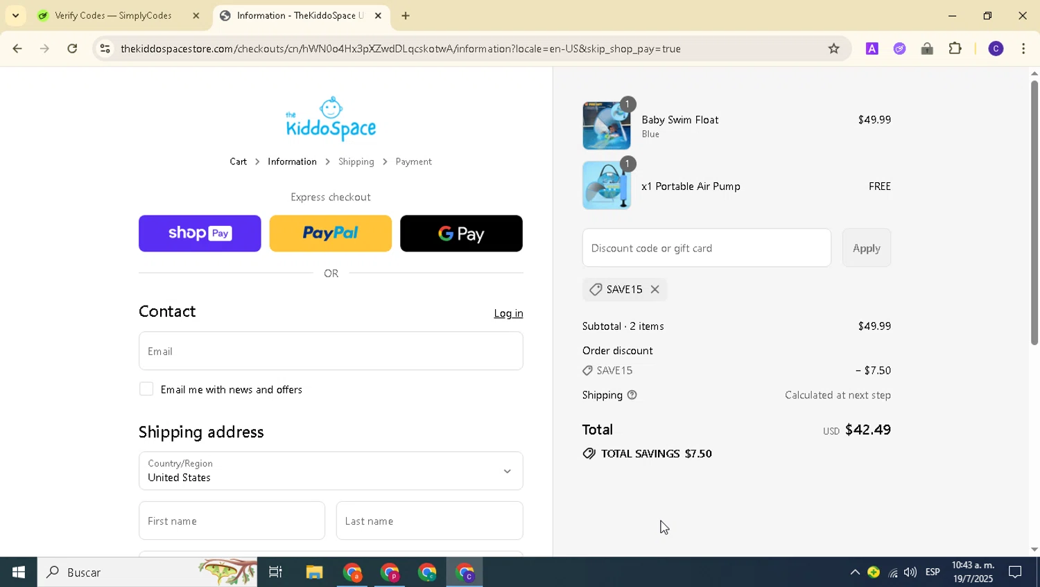 TheKiddoSpace coupon code screenshot showing code SAVE15 applied at TheKiddoSpace checkout page. Uploaded by SimplyCodes community member alexanderarnold on Jul 19, 2025