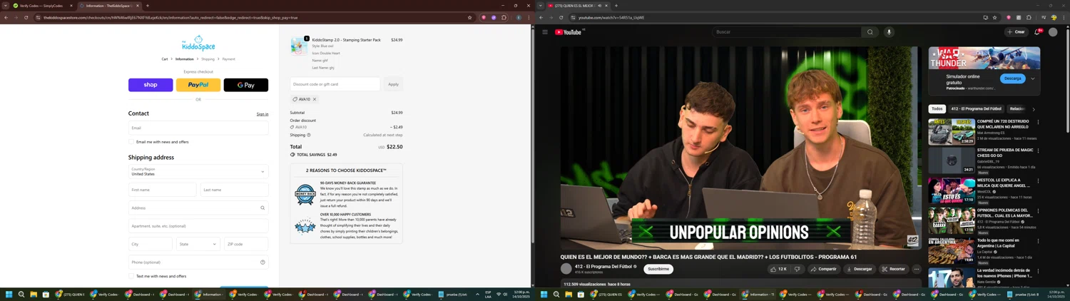 TheKiddoSpace coupon code screenshot showing code AVA10 applied at TheKiddoSpace checkout page. Uploaded by SimplyCodes community member GloriousPioneer2942 on Oct 14, 2025