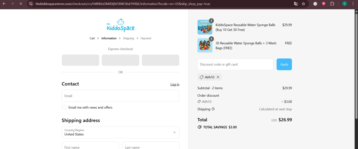 TheKiddoSpace coupon code screenshot showing code AVA10 applied at TheKiddoSpace checkout page. Uploaded by SimplyCodes community member Negritoo on Jul 19, 2025