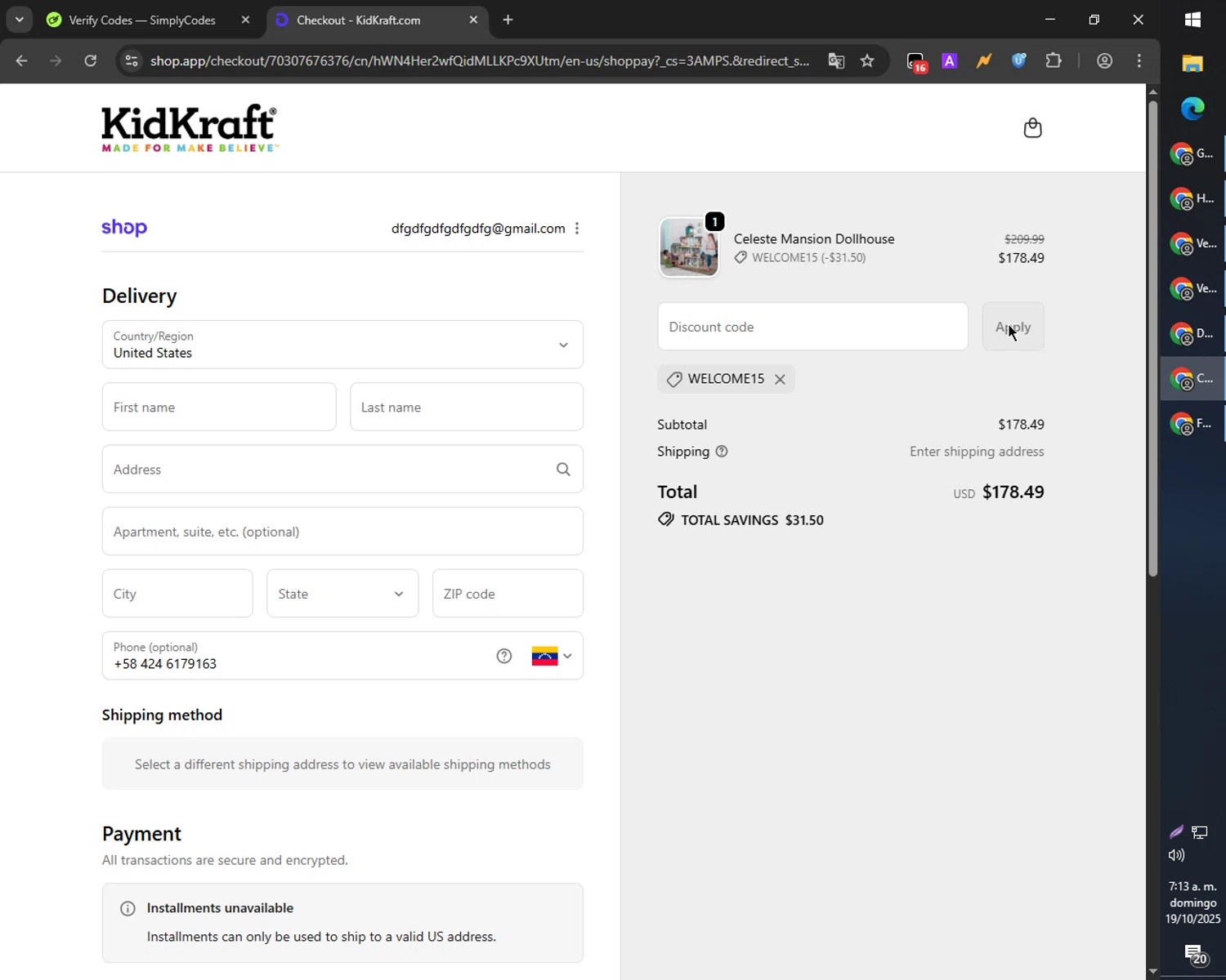 KidKraft coupon code screenshot showing code WELCOME15 applied at KidKraft checkout page. Uploaded by SimplyCodes community member Cynoxx on Oct 19, 2025