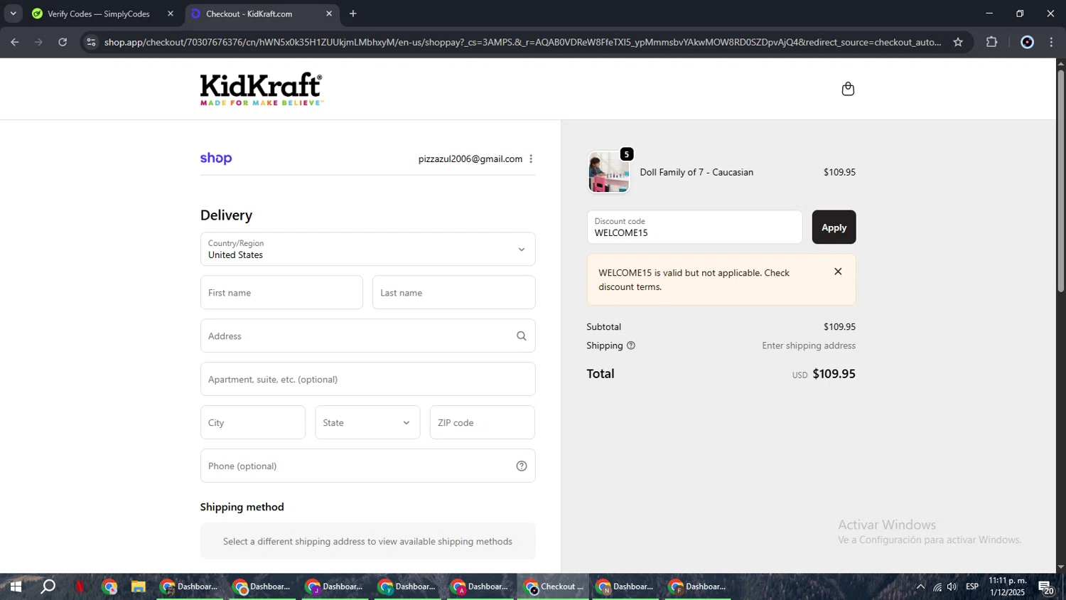 KidKraft coupon code screenshot showing code WELCOME15 applied at KidKraft checkout page. Uploaded by SimplyCodes community member RoyalBoss4384 on Dec 2, 2025