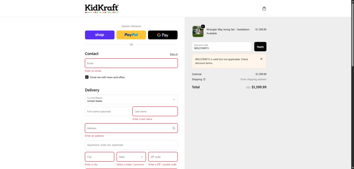 KidKraft coupon code screenshot showing code WELCOME15 applied at KidKraft checkout page. Uploaded by SimplyCodes community member VictoriousBoss8742 on Dec 5, 2025