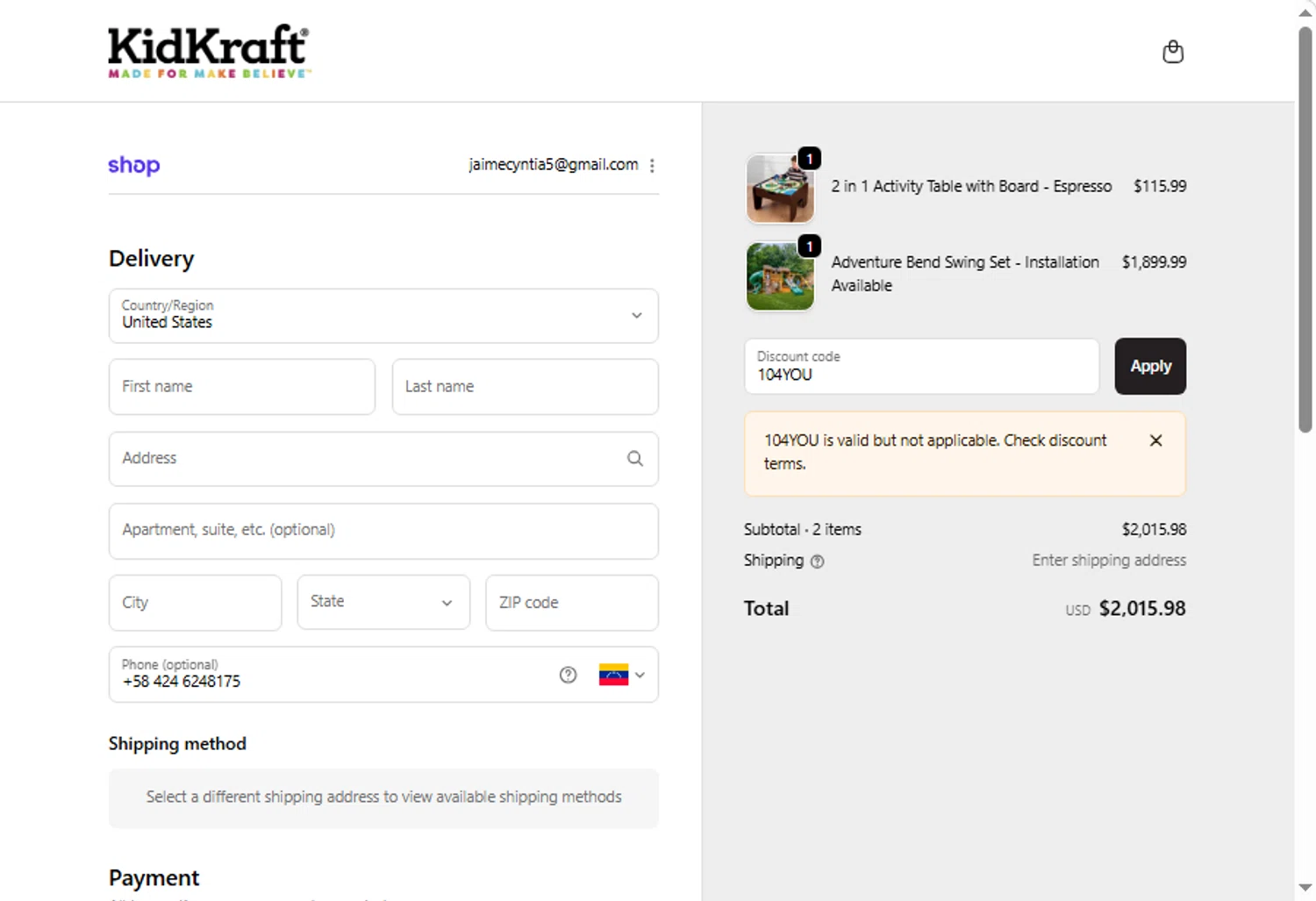 KidKraft coupon code screenshot showing code 104YOU applied at KidKraft checkout page. Uploaded by SimplyCodes community member sofia_8 on Oct 30, 2025