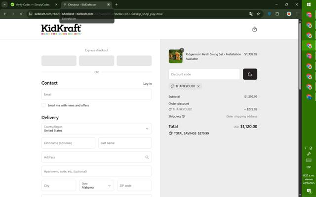 KidKraft checkout page showing KidKraft coupon code box | Screenshot taken by SimplyCodes community member on Aug 22, 2025