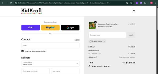KidKraft checkout page showing KidKraft coupon code box | Screenshot taken by SimplyCodes community member on Sep 27, 2025
